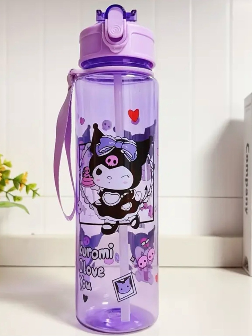 Kuromi Purple Flip-Top Water Bottle with Straw – Leak-Resistant